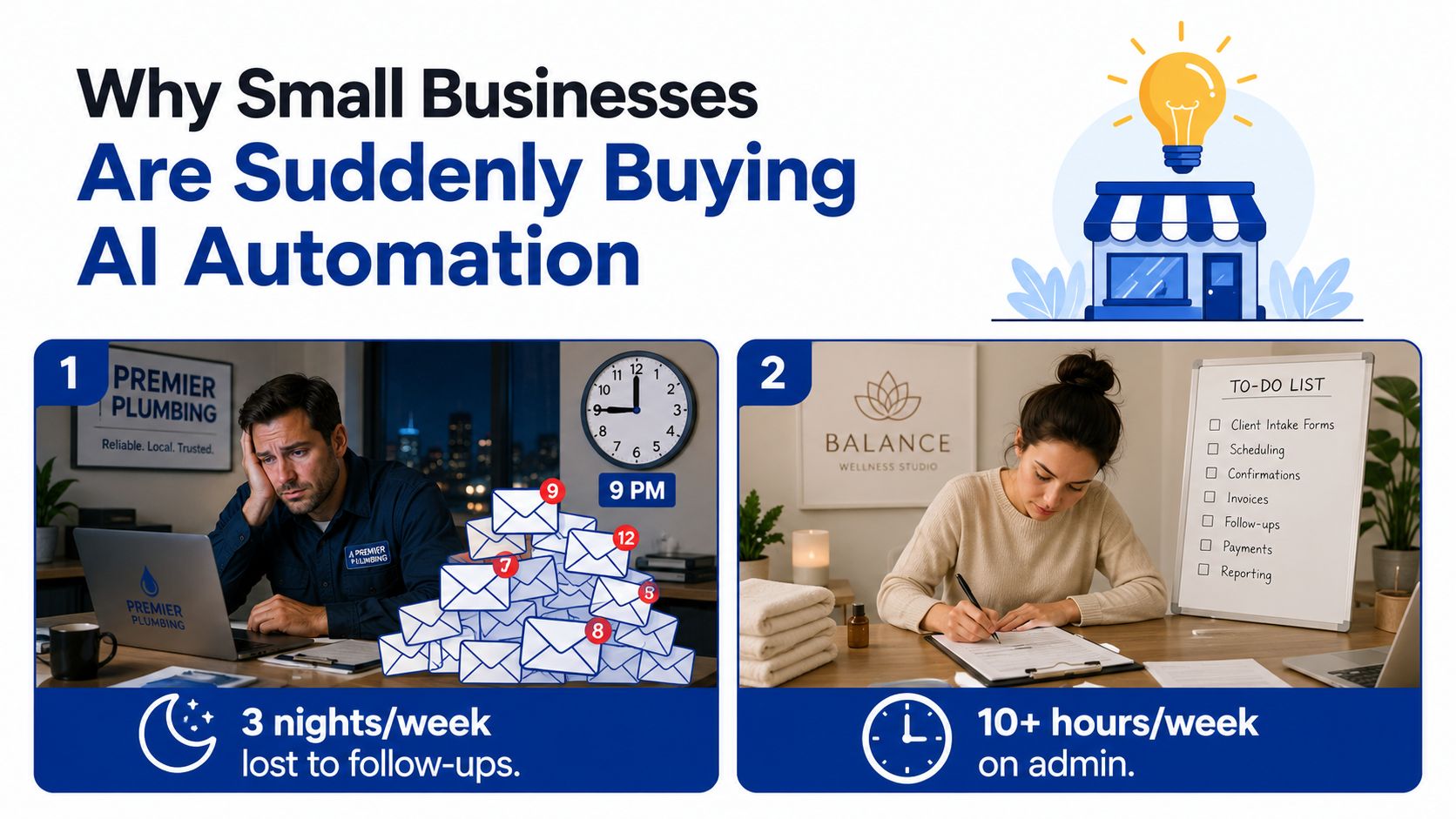 A split image showing small business owners struggling with excessive administrative paperwork and scheduling tasks at night.