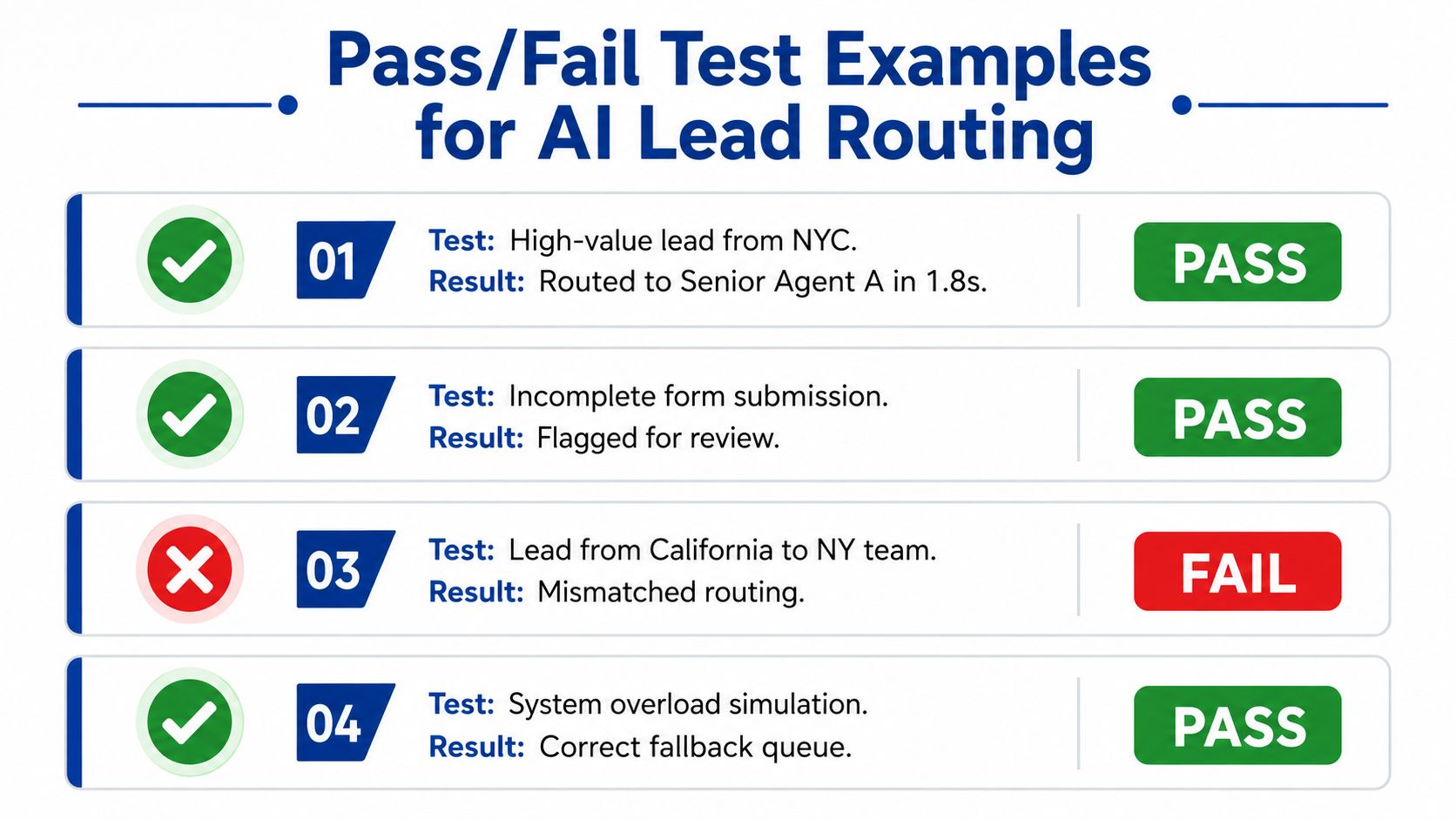 A chart showing four examples of AI lead routing tests labeled as pass or fail with descriptions.