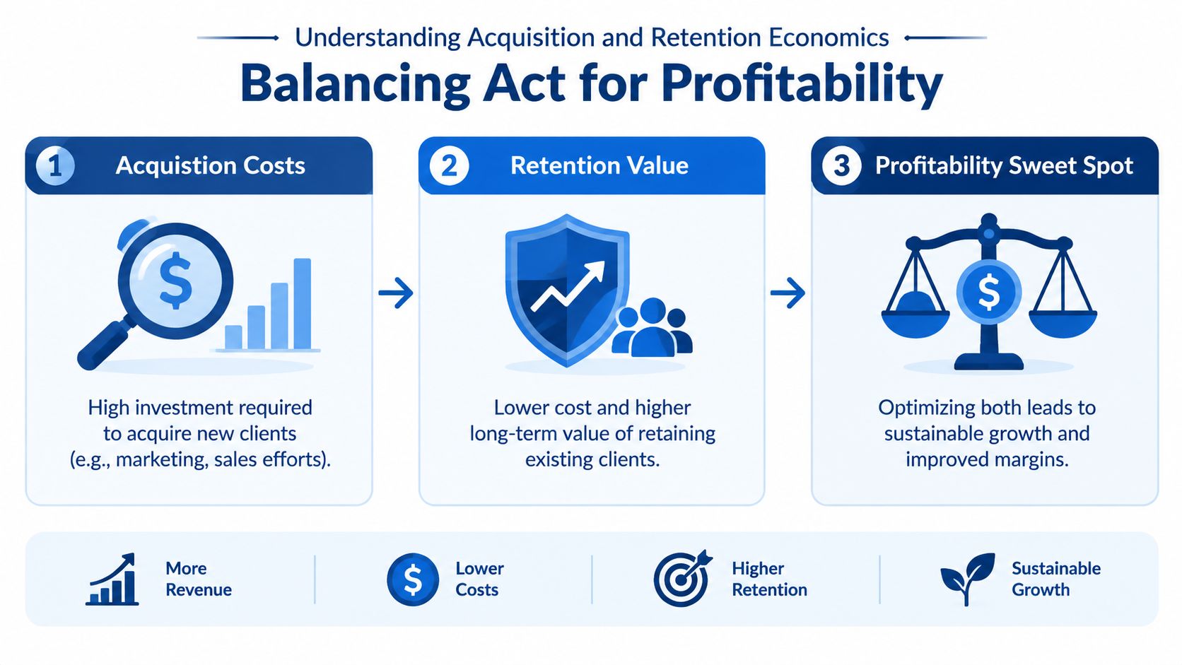 A business infographic illustrating the balance between customer acquisition costs and retention value for profitability.