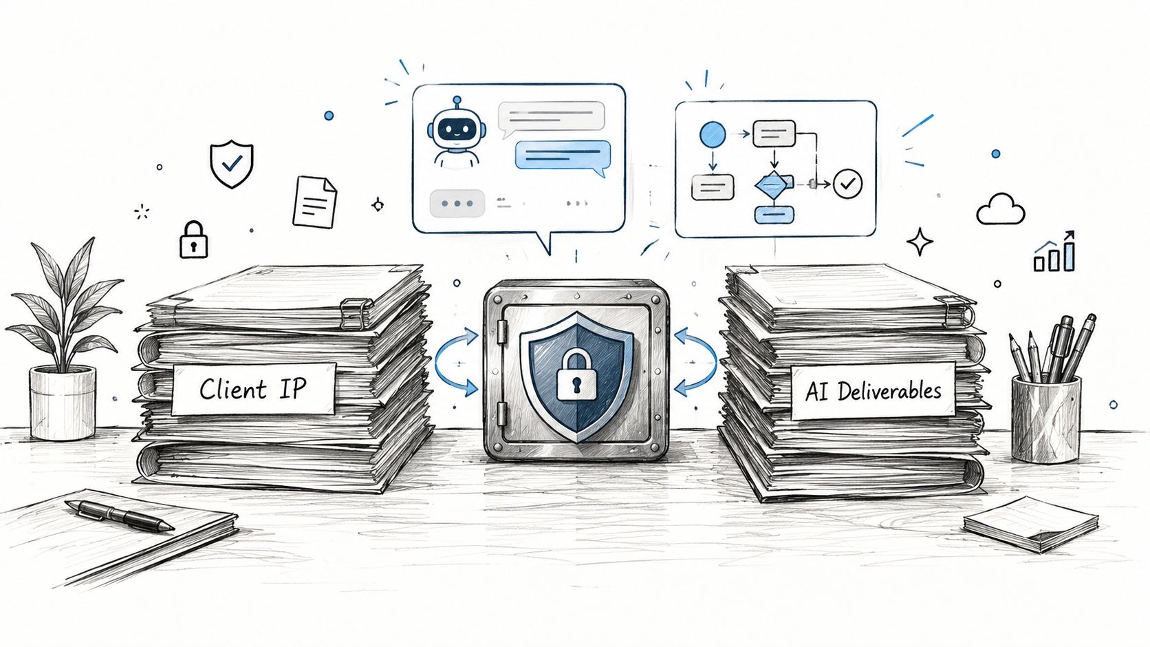 A secure digital vault protecting client intellectual property and AI deliverables with stylized icons on a desk.