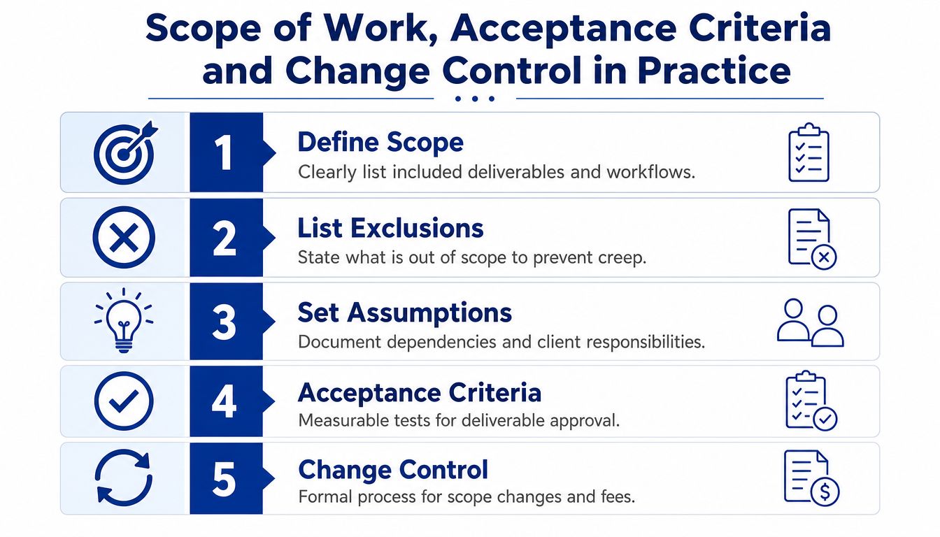 A five-step guide outlining project scope of work, acceptance criteria, and change control management practices.