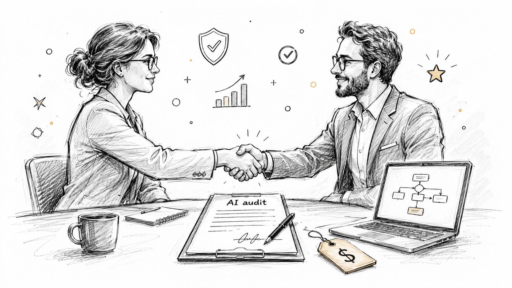 A professional man and woman shaking hands over an AI audit contract on a desk.