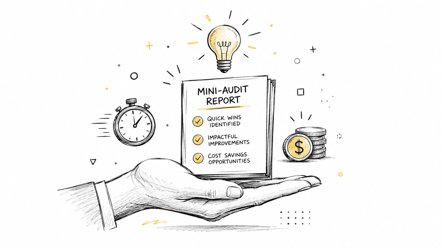 A hand holding a mini-audit report document with icons representing time, ideas, and cost savings.