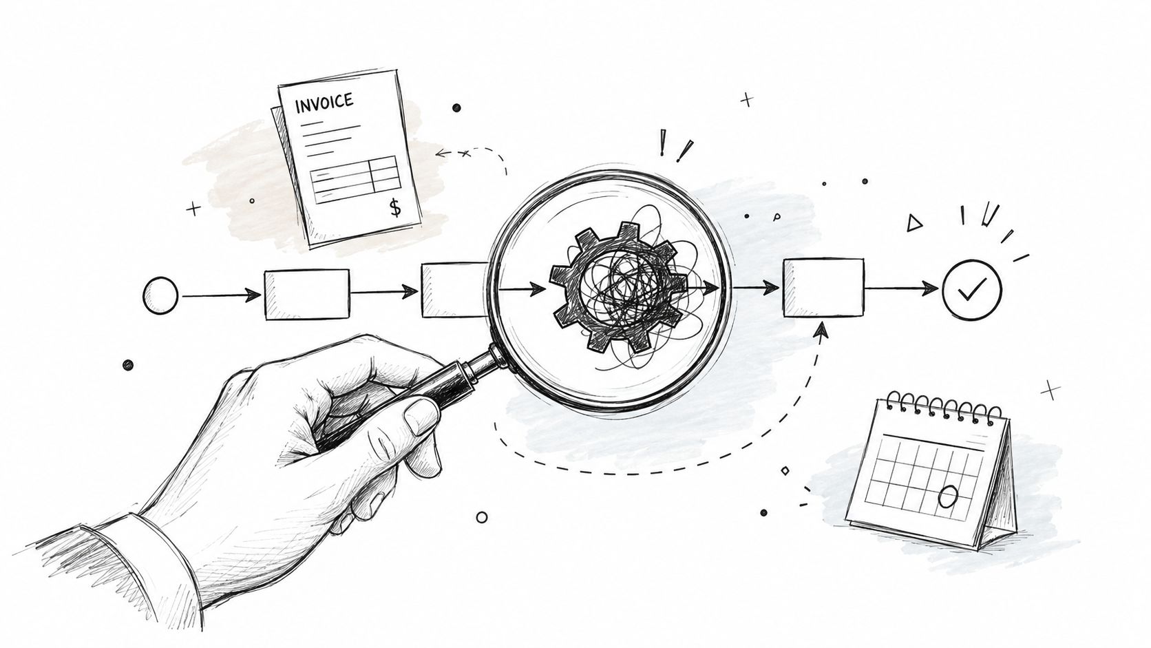 A hand holding a magnifying glass over a process diagram featuring an invoice and a calendar.